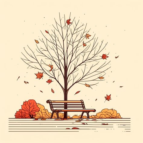 Autumn Park in Warm Colors Canvas Tree With Falling Leaves Drawing, Falling Leaves Illustration, Fall Tree Illustration, Fall Trees Drawing, Falling Leaves Drawing, Fall Tree Drawing, Autumn Tree Drawing, Autumn Line Art, Autumn Leaves Drawing