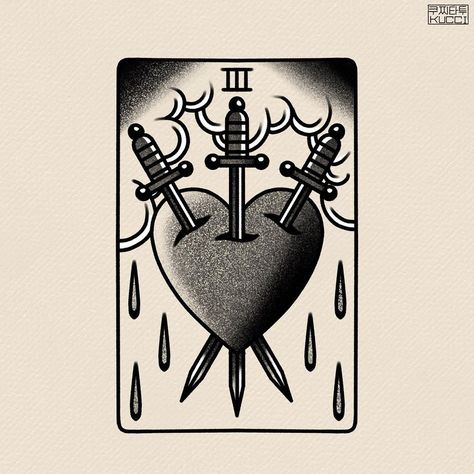 Tarot Card Heart Swords Tattoo, Knife Heart Tattoo Old School, Heart With Swords Tattoo Traditional, 3 Of Swords Tattoo Traditional, Heart With 3 Swords Tattoo, Traditional Black Heart Tattoo, 3 Of Swords Tarot Tattoo, Heart Swords Tattoo Ideas, 3 Of Swords Tattoo