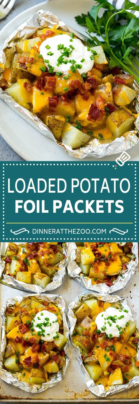 Grilled Potatoes in Foil | Potato Foil Packets | Loaded Potatoes #potatoes #bacon #cheese #grilling #sidedish #dinneratthezoo Grilled Potatoes In Foil, Potato Foil Packets, Foil Pack Recipes, Foil Potatoes On Grill, Foil Potatoes, Vegan Grill, Campfire Meals, Loaded Potatoes, Foil Packet Potatoes