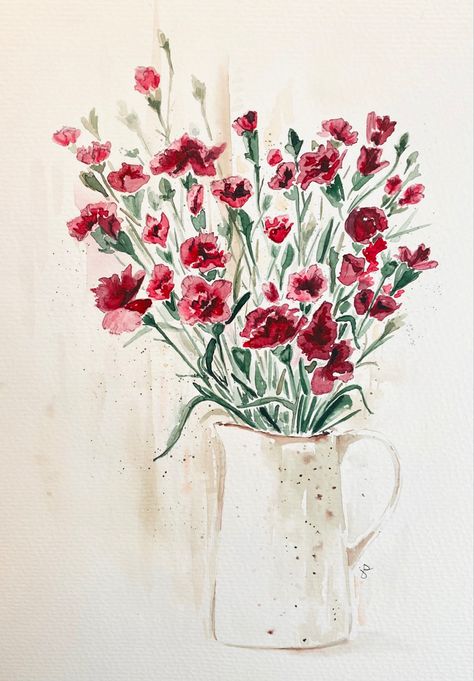 Carnation Watercolor Painting, Red Carnation Bouquet, Carnations Watercolor, Carnation Painting, Carnation Watercolor, Watercolor Carnation, Carnations Bouquet, Watercolour Pictures, Etsy Paintings