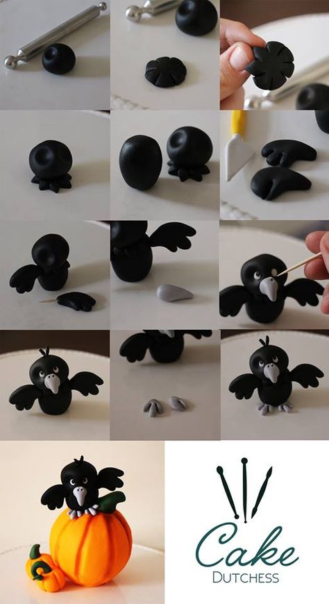 Fondant / Gumpaste Crow Scary Crow, Fimo Halloween, Polymer Clay Halloween, Halloween Clay, Fondant Animals, Fondant Tutorial, Tanah Liat, Clay Craft, Polymer Clay Animals