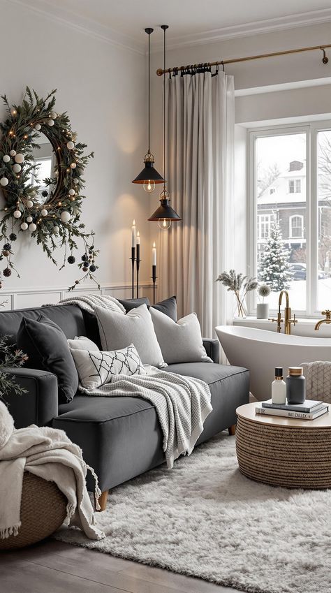 Dark Grey Couch Living Room Cosy Rustic Living Room, Grey Couch Neutral Living Room, Dark Grey Couch Living Room Ideas Colour Schemes, Cozy Living Room Grey Couch, Dark Grey Sofa Styling, Dark Grey Couch Styling, Dark Gray Couch Living Room Decor, Dark Grey Living Room Ideas, Dark Gray Couch Living Room