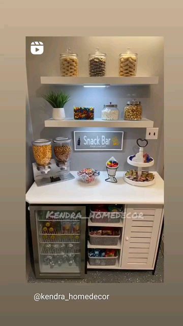 Coffee Bar Ideas For Salon, Snack Bar At Home Ideas, Loft Snack Bar, Family Room Snack Bar Ideas, Salon Snacks Bar Ideas, Snack Coffee Bar Ideas, Beauty Room Snack Bar, Nail Salon Snack Bar, Coffee Bar Ideas At Work