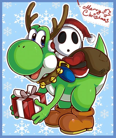 Merry Christmas! by Tee-J.deviantart.com on @deviantART Shy Guy Fanart, Christmas Yoshi, 1980s Cartoons, Yoshi Drawing, Mario And Yoshi, Mario Christmas, Mario Fanart, Nintendo Mario Bros, Mario Yoshi