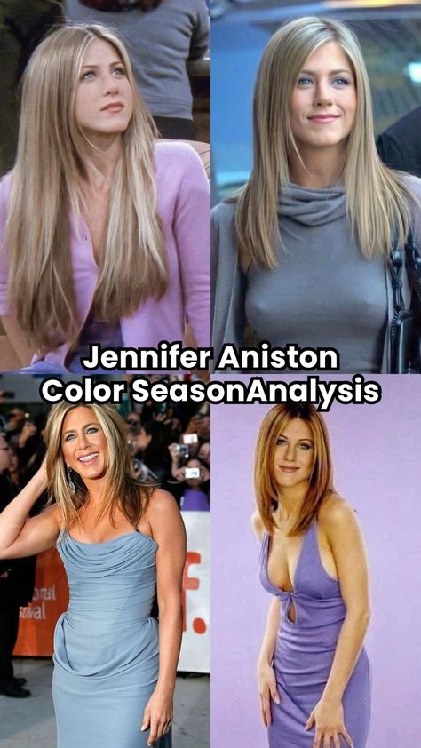 Jennifer Aniston color season explored: Is she Soft Autumn or Soft Summer? Uncover differences and boost your style with our insights. Soft Summer Metals And Stones, Soft Summer Celebs, Toasted Soft Summer Color Palette, Jennifer Aniston Color Palette, Soft Summer Celebrity, Soft Summer Vs True Summer, Hair Colors For Soft Summer, Soft Summer Brunette, Colors For Soft Summer