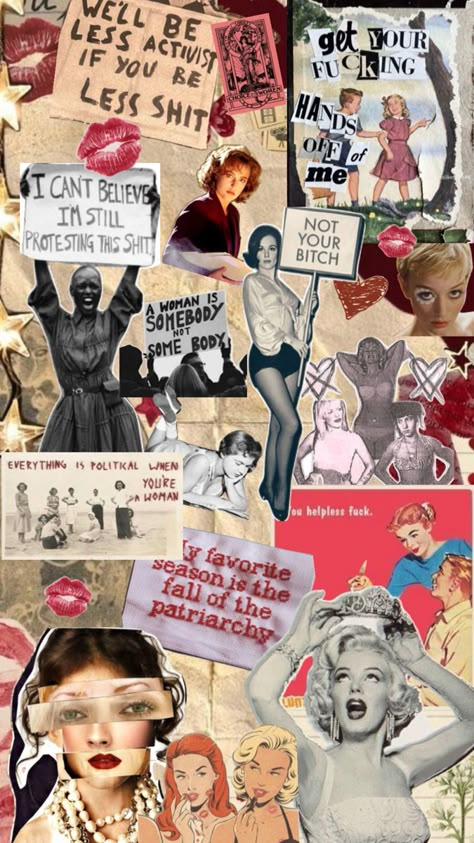 👩🏾‍🦱👱🏼‍♀️💋 Rosie The Riveter Wallpaper, Wallpaper Backgrounds Feminist, Feminist Aesthetic Wallpaper, Riot Grrrl Aesthetic Wallpaper, Riot Grrrl Wallpaper, Strong Woman Aesthetic Wallpaper, Feminism Collage, Feminism Wallpaper, Feminist Collage