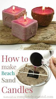 How to make beach sand candles! http://www.completely-coastal.com/2014/11/making-beach-sand-candles.html Hand Dipped Candles, Săpunuri Handmade, Soya Mumu, Sand Candles, Gel Candles, Candle Making Business, Candle Wick, Candle Craft, Homemade Candles