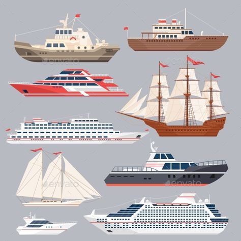 Set of Different Vessels. Sea Boats and Other Big Yacht Illustration, Mixing Paint Colors, Ship Vector, Boat Illustration, Nautical Prints, Boat Drawing, Boat Cruise, Vintage Boats, Type Illustration