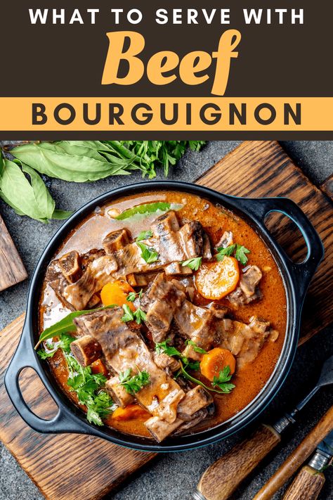 Since it's such a rich dish, you might be wondering what to serve with beef bourguignon. Luckily, many tasty sides complement this dinner. Savory Side Dishes, Tender Beef Stew, Soup And Salad Combo, Wine Gravy, Red Wine Gravy, French Soup, Slow Cooked Meals, Hearty Stews, Tender Beef