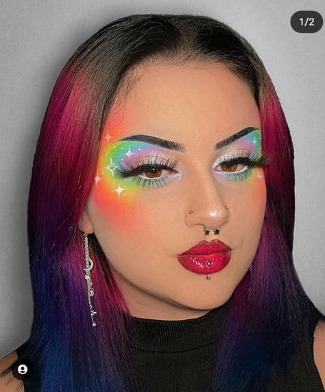 Rainbow Festival Makeup, Rainbow Rave Makeup, Rainbow Cut Crease, Rainbow Blush Makeup, Rainbow Fairy Makeup, Lisa Frank Makeup Looks, Face Paint Makeup Ideas, Neon Party Makeup Ideas, Rainbow Glitter Makeup