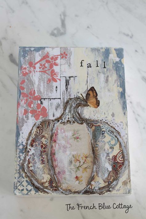 Mixed media pumpkin artwork Fall Mixed Media Art, Record Upcycle, Journal Grateful, Pumpkin Artwork, Barn Wood Art, Eve Art, Fall Illustration, Fall Paintings, Ephemera Printables