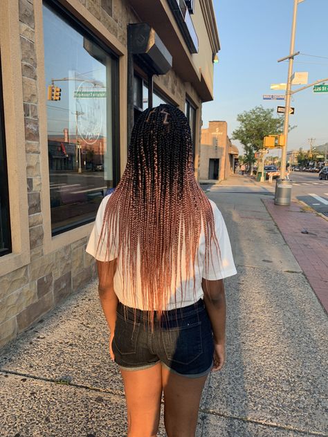 Rose gold ombre box braids Rose Gold Box Braids, Rose Gold Braids, Black Ombre Box Braids, Reverse Ombre Box Braids, Black And Pink Ombre Braids, Large Ombre Box Braids, Ombre Box Braids, Black Box Braids, Rose Gold Ombre