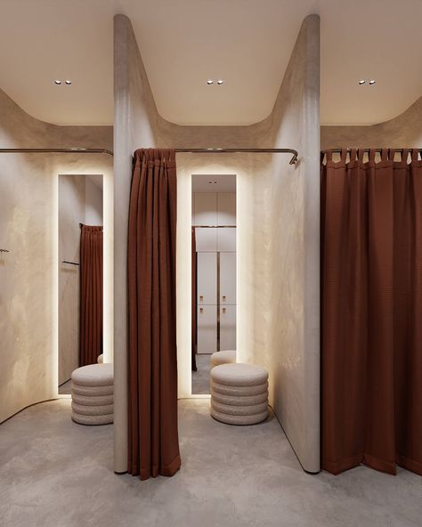 Bouthaina, a large beauty salon in Saudi Arabia - iNEWS Hijab Boutique Interior, Retail Changing Room, Fitting Rooms Retail Boutiques, Fitting Room Design Retail, Luxury Fitting Room, Retail Fitting Room, Fashion Store Design Boutiques, Clothing Boutique Interior Design, Commercial Design Retail