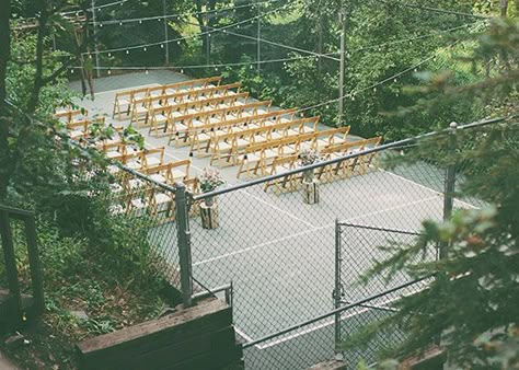 Homespun Utah wedding: Sloane + Chase (via Bloglovin.com ) Tennis Court Wedding Ceremony, Wedding On Tennis Court, Tennis Court Wedding Reception, Tennis Court Party, Tennis Court Wedding, Tennis Wedding, Outdoor Basketball Court, Wedding Mountain, Backyard Reception