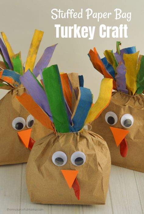 Turn your brown paper lunch bags into a plump and playful stuffed paper bag turkey craft the kids will love this Thanksgiving. This easy, inexpensive craft is quick and easy to put together with items you likely have on hand. They make a cute homemade decoration for your Thanksgiving table. Paper Bag Turkey Craft, Paper Bag Turkey, Hand Turkey Craft, Turkey Craft For Kids, Brown Paper Lunch Bags, Thanksgiving Crafts Preschool, Thanksgiving Turkey Craft, Preschool Crafts Fall, Thanksgiving Books