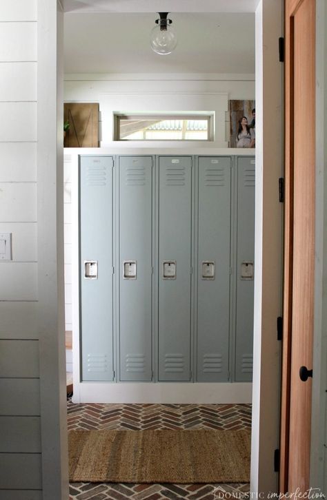 Metal Lockers Mudroom, Mudroom Storage, Mudroom Remodel, Farmhouse Mudroom, Built In Lockers, Introductory Paragraph, Vintage Lockers, Mudroom Lockers, Custom Farmhouse