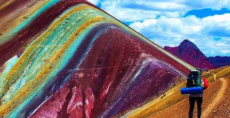 The Mountain of Seven Colors is located in the Andes mountain range, in the Cusco region of Peru. - 9GAG Rainbow Mountains Peru, Rainbow Mountains, Socotra, Painted Hills, Rainbow Mountain, Earth Pictures, Peru Travel, Destination Voyage, Travel South