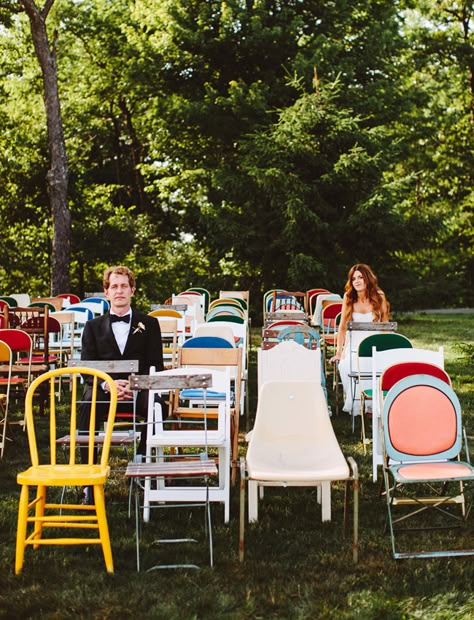 Wes Anderson-Inspired Mountain Top Wedding: Meghan + Patrick - Part 1 Small Wedding Venue Ideas, Meghan Patrick, Outdoor Wedding Seating, Wes Anderson Wedding, Wedding Ceremony Seating, Mismatched Chairs, Mountain Top Wedding, Ceremony Chairs, Smallest Wedding Venue