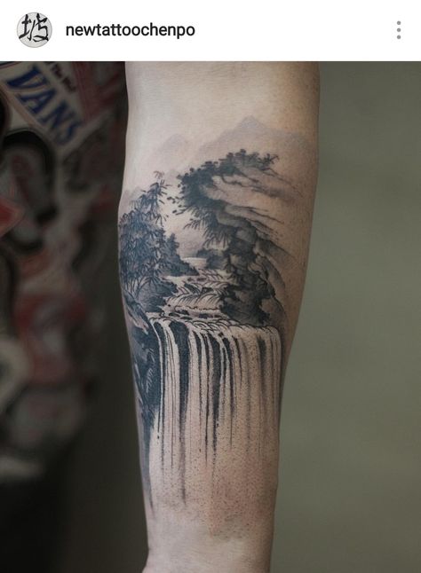 Asian Tattoo Sleeve, Japanese Forearm Tattoo, Waterfall Tattoo, Wrist Tattoos Words, Samurai Tattoo Sleeve, Shoulder Sleeve Tattoos, Left Arm Tattoos, Heaven Tattoos, Landscape Tattoo