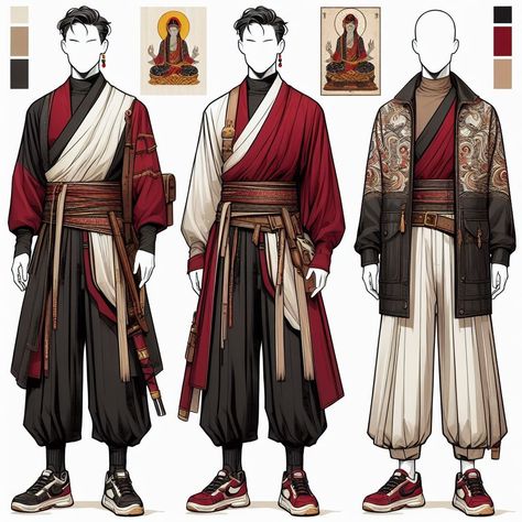 Japanese Warrior Outfit Male, Mens Clothing Drawing, Desert Clothing Male, Monk Outfit Design, Dnd Fashion Male, Fantasy Japanese Clothing Art, Fantasy Traveler Outfit Drawing, Jedi Character Design Male, Dungeons And Dragons Outfits