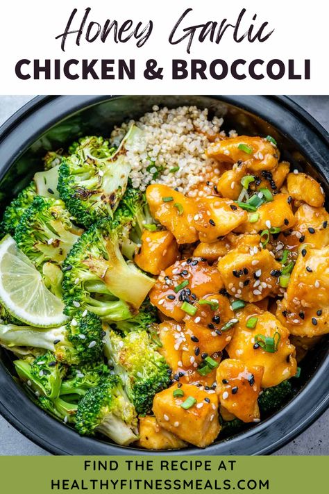 If you love to meal prep your meals you will love this easy honey garlic chicken & broccoli recipe! It’s so juicy and tasty, loaded with protein and fiber, and ready in just 30 minutes. Add about 1/2 cup of cooked quinoa to each meal prep bowl. Divide the broccoli and chicken among your bowls and arrange over the quinoa. Garnish with green onions, sesame seeds, and lime wedges. Refrigerate for up to 4 days. Serve cold or reheated, as desired. Chicken Broccoli Bowls Healthy, Chicken Rice Lettuce Bowls, Chicken Broccoli Quinoa Bowl, Low Sodium Chicken And Broccoli, Chicken And Broccoli Quinoa, Chicken Broccoli Bites, Energy Dinner Recipes, Healthy Chicken Quinoa Recipes, Quick Reheatable Meals