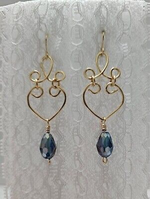 eBay ad - Handcrafted Gold Celtic Wire Earrings with Blue Teardrop Crystals Wire Earrings, Crystals, Gold, Blue