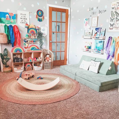 Nikki on Instagram: “The bamboo nugget is our playroom one for now, and Submarine will hang out in my daughter's room. Keep your fingers crossed I can grab a…” Nursery And Playroom Combo, Brisbane House, Montessori Toddler Room, Daycare Room Ideas, Cali House, Nugget Couch, Farmhouse Playroom, Homeschool Room Design, Daycare Rooms