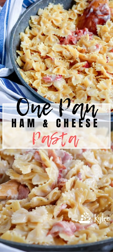 This One Pan Ham & Cheese Pasta is a weeknight winner ready in less than 30 minutes that makes EVERYONE need seconds. Change up the pasta, and the cheese, but make it over and over! #pasta #dinner #weeknight #recipe #kyleecooks Creamy Ham Pasta, Ham Pasta Recipes, Ready Recipes, Ham And Cheese Pasta, Pan Pasta, Ham Pasta, Pasta Cheese, Ham Dinner, Pasta Plate