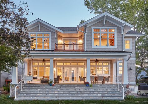 Waterfront exterior of home - Beach Style - Exterior - Baltimore - by Purple Cherry Architects | Houzz Garage Front Door, White Porch, Lake Houses Exterior, Porch Lights, Coastal House Plans, Beach House Exterior, Dream Beach Houses, Front Door Porch, Waterproof Wall