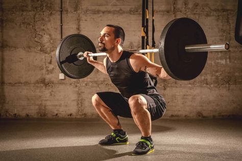 Handsome young muscular man doing squat exercise with barbell at the gym. Squats With Weights Bar, Leg Muscle Groups, Full Body Bodyweight Workout, Squat With Bar, Weighted Squats, Barbell Squat, Back Squats, Squat Workout, Upper Body Strength