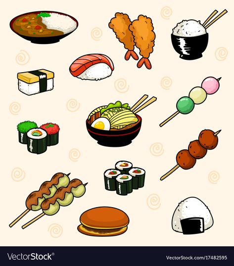 Japanese Food Dishes, Sushi Drawing, Japanese Food Illustration, Japanese Food Traditional, Food Web Design, Bowl Of Ramen, Japanese Pop Art, Cartoon Doodle, Food Cartoon