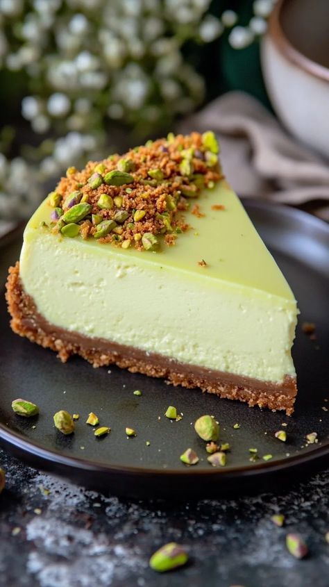 Decadent Pistachio Cream Cheesecake Recipe Italian Pistachio Cheesecake, Pistachio Cheesecake Recipe, Passionfruit Cheesecake, Pistachio Dessert, Pistachio Cheesecake, Cranberry Cheesecake, Cream Cheesecake, Pistachio Butter, Japanese Cheesecake