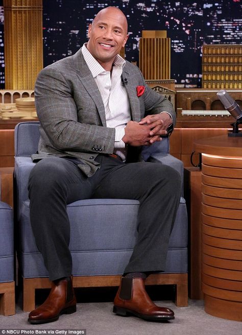 Clean up nicely: The former professional wrestler donned a white and grey striped dress shirt, blazer jacket and dark coloured trousers to talk about his latest TV show The Rock Outfit, The Rock Dwayne Johnson Workout, Dwayne Johnson Workout, Dwane Johnson, Men Graduation Outfit, Mens Jacket Pattern, Slim Fit Suit Men, Blazer Outfits Men, Rock Johnson