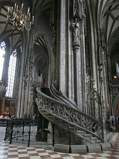 Spiral stone staircase inside St. Stephen's Cathedral in Vienna, Austria. The current Romanesque and Gothic form of the cathedral, seen today in the Stephansplatz, was largely initiated by Duke Rudolf IV (1339–1365) and stands on the ruins of two earlier churches. It was built between 1137-1160. Summer In Europe, Cathedral Church, Europe Summer, Stairway To Heaven, Gothic Architecture, Central Europe, My Summer, December 12, Vienna Austria