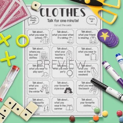 Clothes 'Talk For A Minute' Cards Talk For One Minute Cards, English Speaking Game, Speaking Games, Esl Kids, Give Me Five, Worksheet For Kids, Esl Activities, Target Language, Question Cards