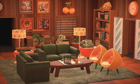 Rooms Acnh, 70s Room, Animal Crossing House, Acnh Interior, Acnh Inspiration, Animal Crossing Wild World, Retro Living Rooms, Mid Century Modern Living Room, New Animal Crossing