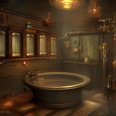 Ai generated, no permissions required. Japanese tub in steampunk bathroom for our ship Pirate Ship Bathroom, Medieval Bathroom, Japanese Tub, Barbie Hotel, Ship Bathroom, Steam Punk Aesthetic, Assassin Game, Steampunk Bathroom, Monster Island