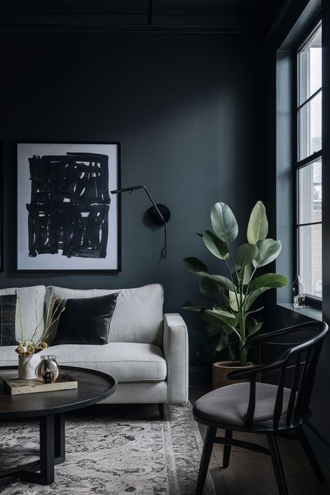 Transform your space with these 11 dark and moody paint colors for your living room! Perfect for creating a sophisticated and cozy atmosphere.  #MoodyColorsLivingRoom #DarkMoodyLivingRoomPaintColors #DarkPaintedWallsLivingRoom #HomeDecor Dark Paint Living Room Cozy, Living Room Dark Walls Colour Schemes, Night Watch Paint Color Living Room, Sherwin Williams Fireplace Paint, Bonus Room Paint Ideas, Dark Grey Walls Living Room Decor, Dark Gray Curtains Living Room, Dark Home Office Paint Colors, Black Paint Living Room