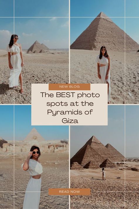 Do you want those Insta-worthy shots at the Pyramids of Giza? Check out my guide which reveals photo spot locations, what order to do the different pyramids in and general information to help plan your trip to the Pyramids of Giza! #egyptguide #cairoguide #pyramidsofgiza #instashots #instagrammableplaces #instagrammablephotos #egyptpyramids Giza Egypt Photography, Pyramids Of Giza Photography, Piramides Photo Ideas, Pyramids Egypt Photo Ideas, Photo Ideas Egypt, Pyramid Photo Ideas, Pyramids Egypt Outfit, Giza Pyramids Outfit, Egypt Photoshoot Ideas