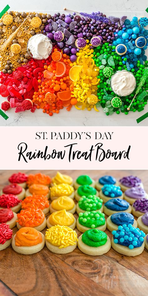 Our St. Patrick's Day Rainbow Treat Board makes for a perfect St. Paddy's day dessert! || JennyCookies.com #stpatricksday #rainbow #stpatricksdaydesserts #jennycookies Spa Treats, Party Food Easy, Gluten Free Party Food, Gluten Free Party, Treat Board, Rainbow Border, Fun Holiday Treats, Rainbow Treats, Jenny Cookies