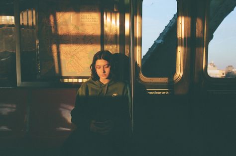 girl on subway train new york city nyc f train sun summer window pretty Sitting On Train Aesthetic, Person Sitting On Subway, Sitting On Subway Reference, Subway Cinematography, Girl On Train Aesthetic, Subway Window, People On The Subway, Subway Shoot, Train New York