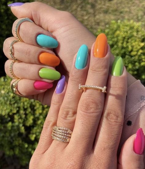 Multiple Colored Nails, Multi Color Spring Nails, Solid Multi Color Nails, Spring Multi Colored Nails, Different Nail Colors On Each Hand, Multicolor Nails Spring, All Different Color Nails, Multi Colored Nails Spring, Summer Nails Multi Color