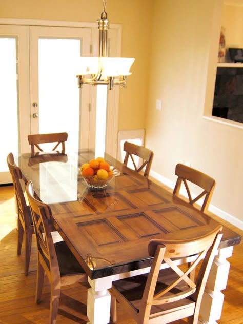 How to Build a Dining Table From an Old Door and Posts : Decorating : Home & Garden Television Build A Table, Door Table, Diy Dining Room, Doors Repurposed, Diy Dining, Old Door, Old Doors, Glass Dining Table, Dining Room Bench