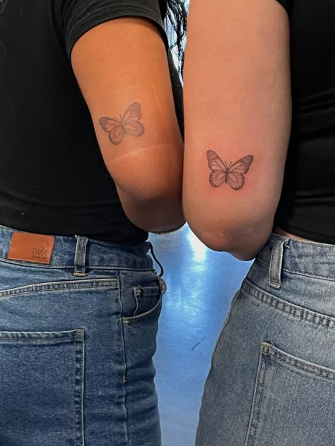 Sister Tattoos For 2 Butterflies, Behind Arm Butterfly Tattoo, Butterfly Tattoo On Tricep, Butterfly Tattoo Back Of Leg, Double Tattoo Ideas, Matching Butterfly Tattoos Mom, Matching Butterfly Tattoos Sisters, Butterfly Tattoo Behind Arm, Butterfly Back Of Arm Tattoo