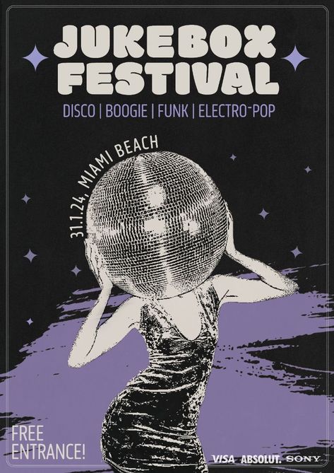 JUKEBOX FESTIVAL | Vintage Disco Festival Party Poster Disco Ball Branding, Disco Lettering, Disco Flyer Design, Disco Typography, 70s Disco Graphic Design, Disco Logo, Create A Business Logo, Art Deco Party, Handlettering Calligraphy