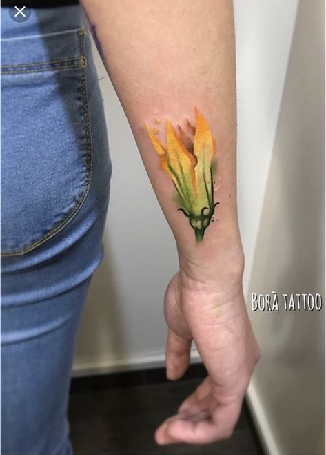 Squash blossoms tattoo Zucchini Flower Tattoo, Zucchini Tattoo, Blossoms Tattoo, Sleeve Inspiration, Squash Flowers, Chef Tattoo, Garden Tattoos, Zucchini Flowers, Squash Blossoms