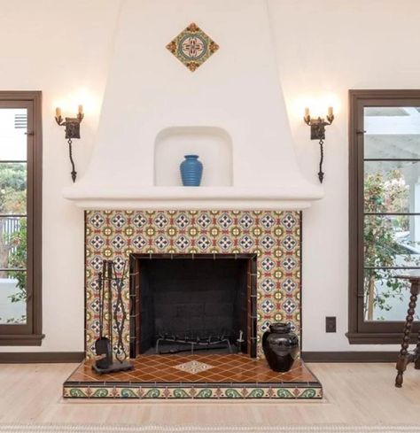 FIREPLACE, MALIBU TILE, SPANIHS TILE, SO | Fireplaces Spanish Style Fireplace Ideas, Spanish Fireplace Ideas, Mexican Tile Fireplace, Spanish Style Fireplace, Mediterranean Fireplace, Spanish Fireplace, Pretty Backyard, Tiled Fireplace, Spanish Home Decor