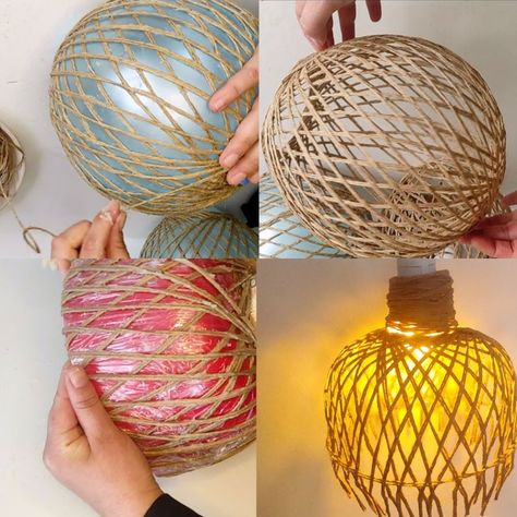 DIY string pendant lights using only jute and glue | adhesive, pendant | DIY string pendant lights using only jute and glue | By MetDaan DIY Jute Thread Craft Ideas, Diy Lustre, Metdaan Diy, Cardboard Crafts Diy, Diy Home Projects, Women Crafts, Circle Light, Diy Chandelier, Pendant Diy