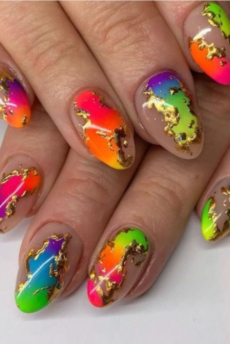 Neon Chrome Nails Designs, Neon Powder Nail Art Designs, Neon Powder Nail Art, Weird Nails, Rainbow Nail Art Designs, Teacher Nails, Boss Nails, Rainbow Nails Design, Easy Nail Art Designs