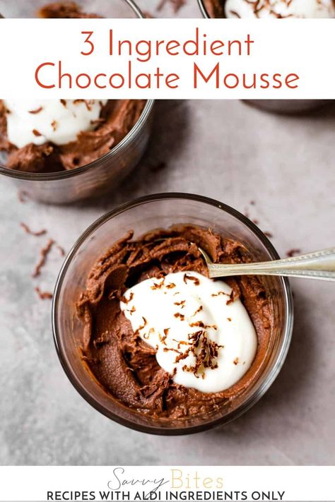 This easy 3 ingredient chocolate mousse is the only chocolate dessert recipe you need. It's light and fluffy, uses no egg and comes together in 15 minutes. Intense dark chocolate whipped to fluffy perfection and spiked with a generous hit of sea salt to keep everything balanced. No fancy techniques or ingredients. 3 Ingredients, 15 minutes and all the ingredients are from Aldi so you know it's affordable! Aldi recipe, chocolate dessert, mousse, quick and easy. 3 Ingredient Chocolate Mousse, Easiest Dessert, Easy Chocolate Mousse, Aldi Recipes, Dark Chocolate Mousse, Fruit Crumble, Chocolate Mousse Recipe, Rich Desserts, Mousse Recipes